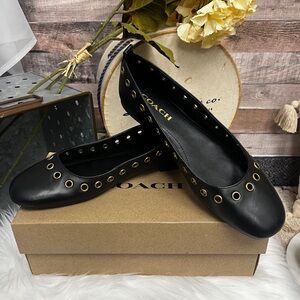 Coach Black Leather Grommet Detail Ballet Flats